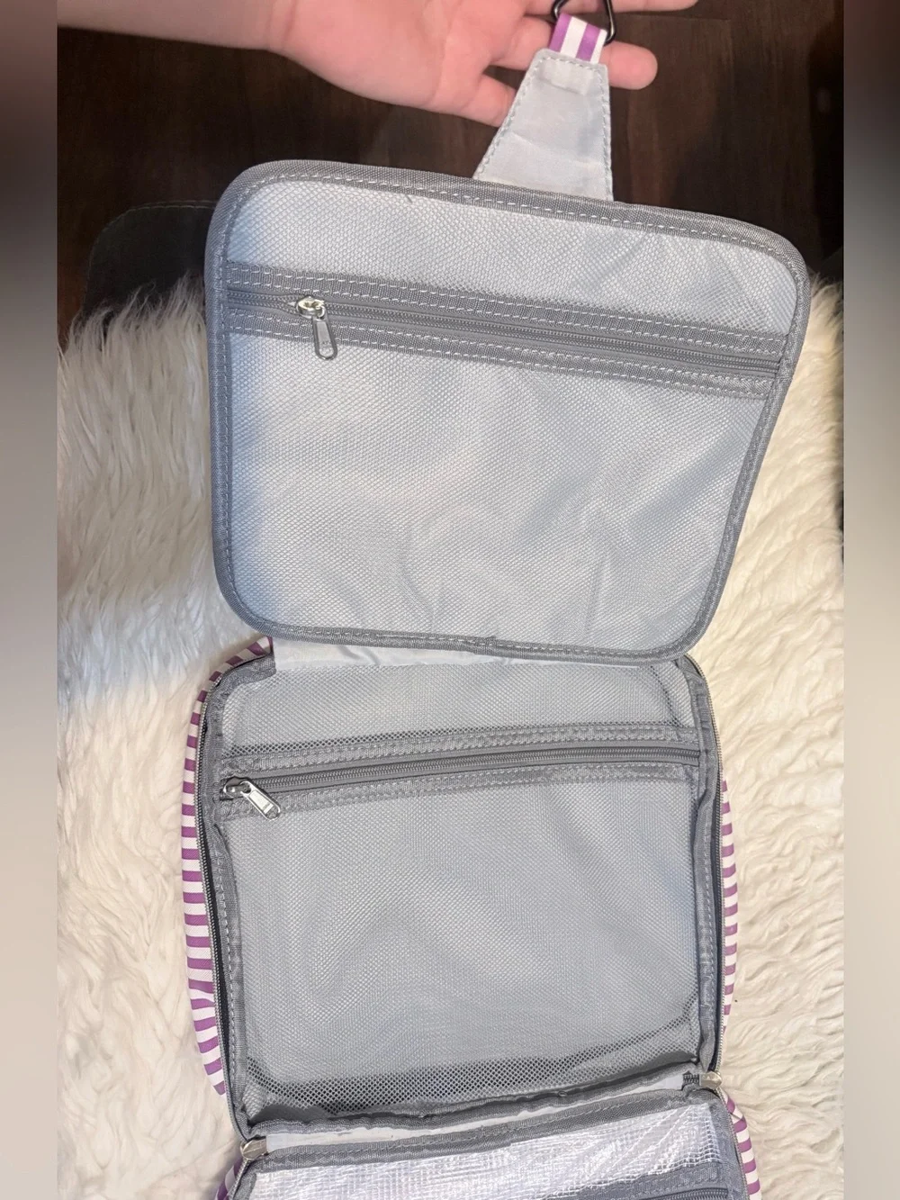 Purple & White Striped Cosmetic Travel Case with Top Handle